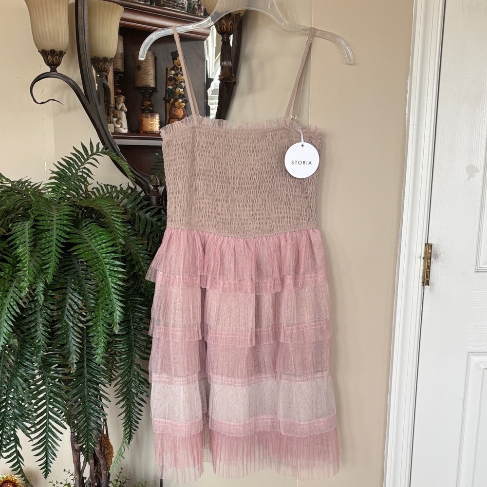 Brand New Storia Mesh Tulle Tiered Ruffle Mini Dress Smocked Spaghetti Strap